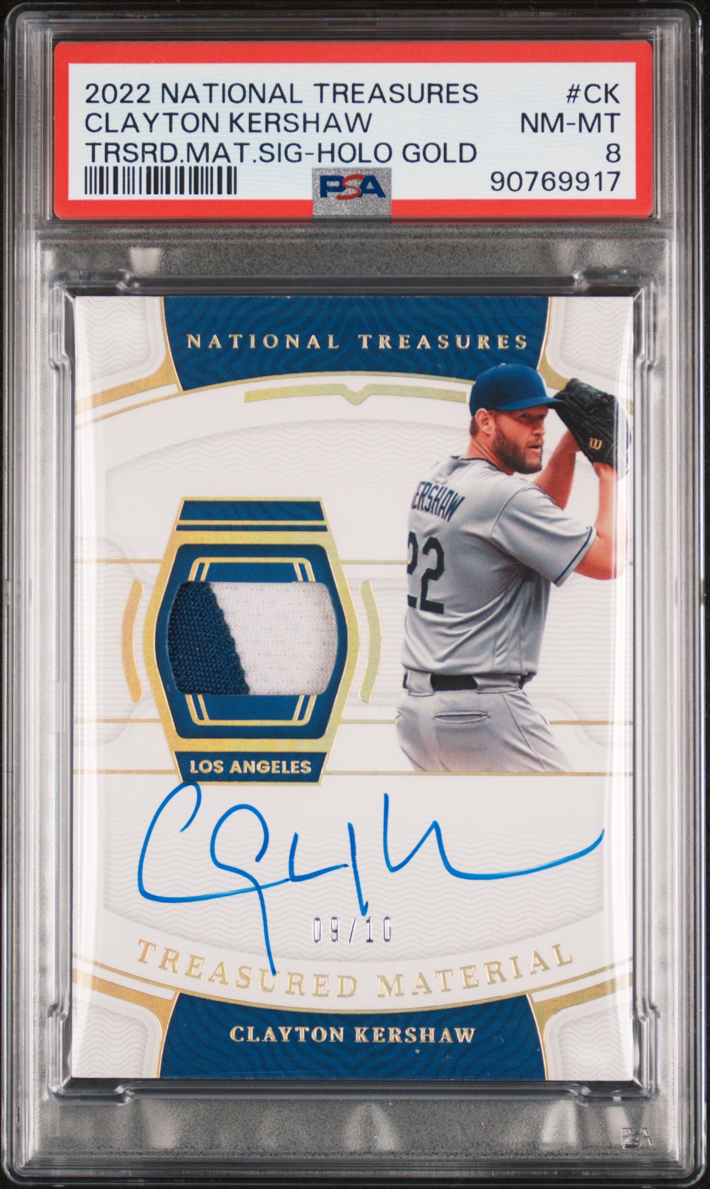 2022 National Treasures Clayton Kershaw Signature HOLO GOLD 09/10 PSA 8
