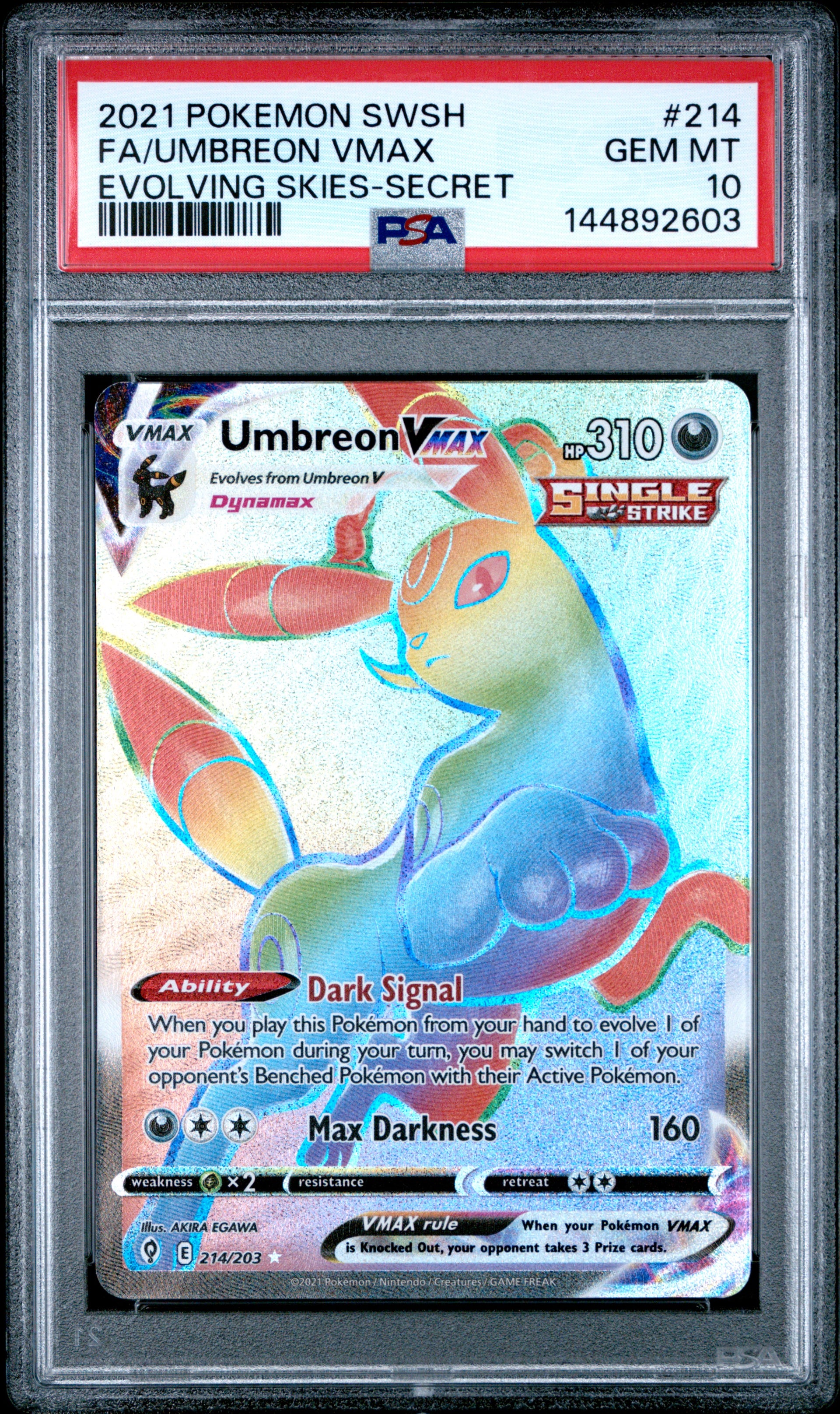 2021 Pokemon Umbreon Vmax Rainbow Evolving Skies #214 PSA 10