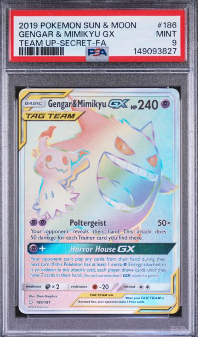 2019 POKEMON SUN & MOON TEAM UP #186 GENGAR & MIMIKYU GX TEAM UP-SECRET-FA PSA 9
