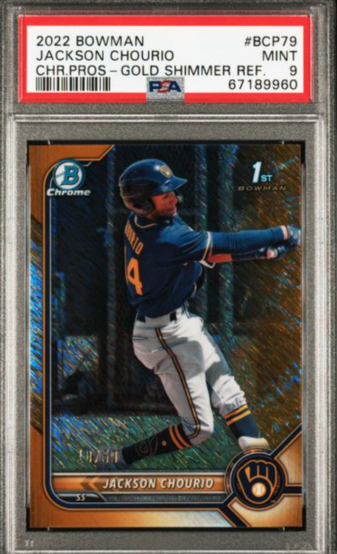 2022 BOWMAN CHROME PROSPECTS #BCP79 JACKSON CHOURIO CHR.PROS-GOLD SHIMMER REF.