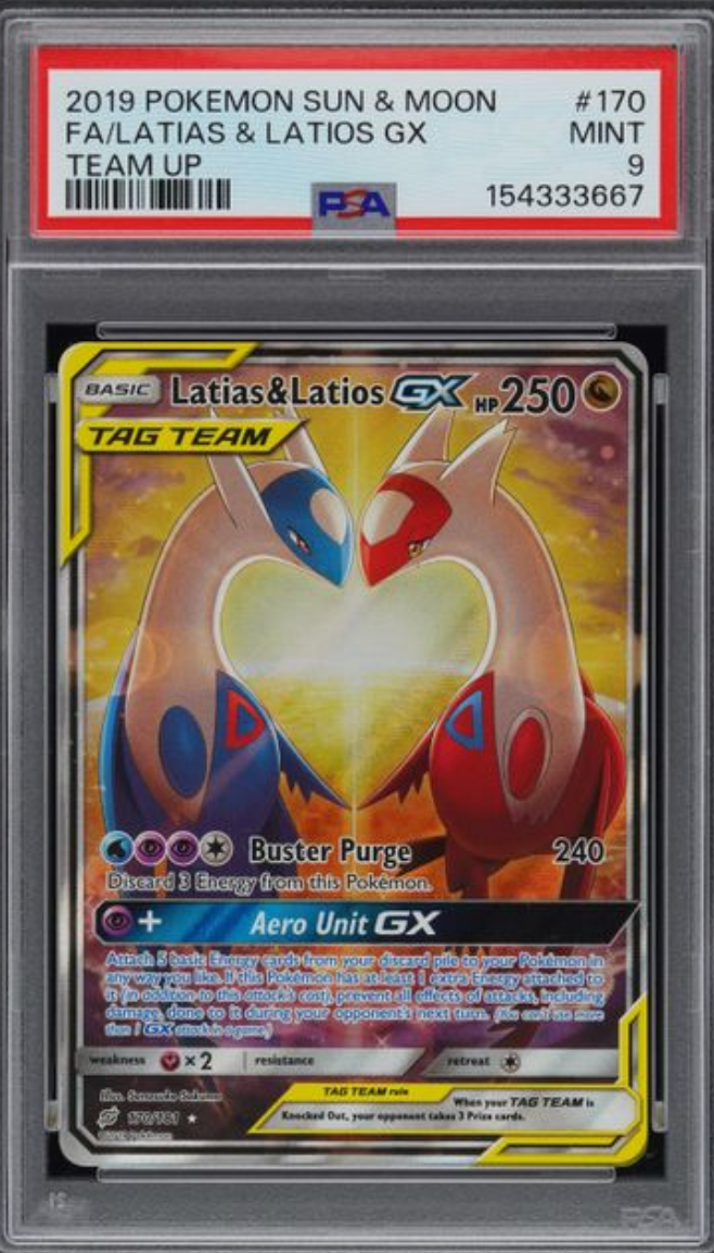 2019 POKEMON SUN & MOON TEAM UP #170 FA/LATIAS & LATIOS GX TEAM UP PSA 9