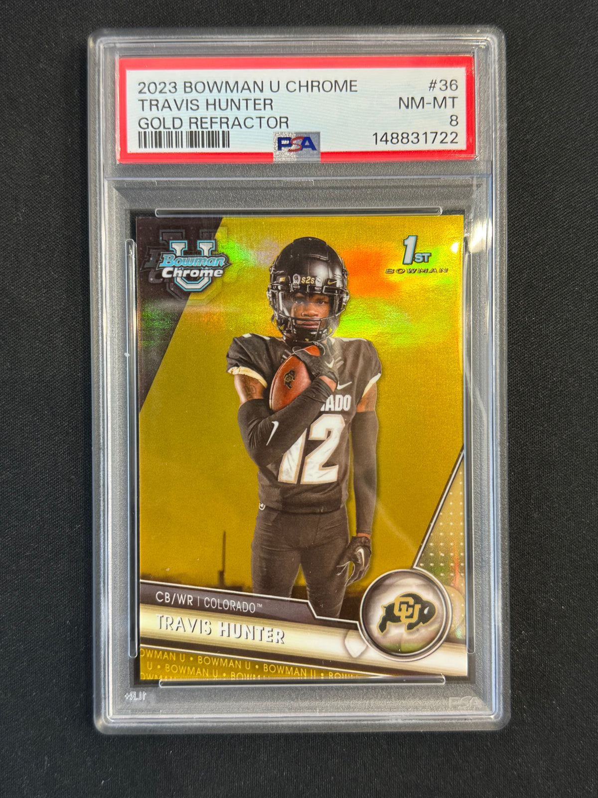 2023 BOWMAN UNIVERSITY CHROME GOLD REFRACTOR #36 TRAVIS HUNTER 40/50 PSA 8
