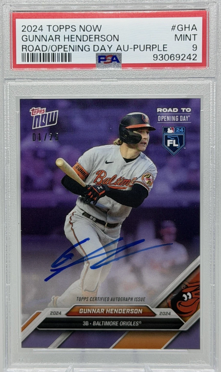 2024 topps now gunnar henderson road/opening dau au-purple PSA 10